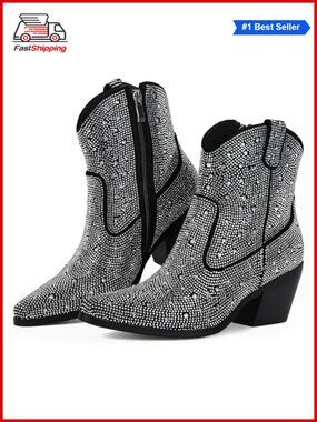 Rhinestone Cowboy Boots Glitter Chunky Heel Sparkly Cowgirl Ankle Boots
